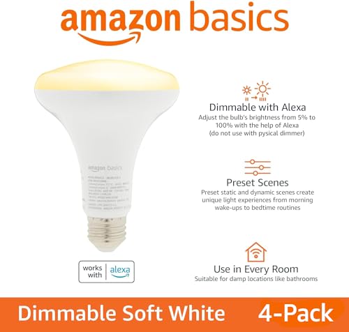 Image of Amazon Basics Smart BR30 LED Light Bulbs for Bedroom Living Room, Dimmable Soft White (2700K), 9W (60W Equivalent), 800LM, Voice Control, Works with Alexa Only, 2.4 GHz Wi-Fi, No Hub Required, 4-Pack
