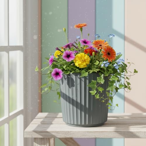 Image of Xtore Sleek Ribbed Ceramic Planter Pot for Indoor Plants | Contemporary Minimal Flower Pot for Home, Office Desk & Balcony Decor (Matte Grey - Planter only)