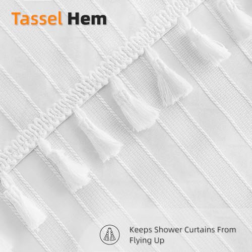 Seasonwood 2023100992 White Fabric Shower Curtain Boho Chic Striped Textured Tassel Shower Curtain thumb #4