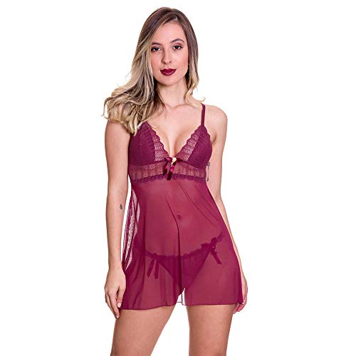 Camisola Transparente em Tule e Renda Vinho com Calcinha - VC3266