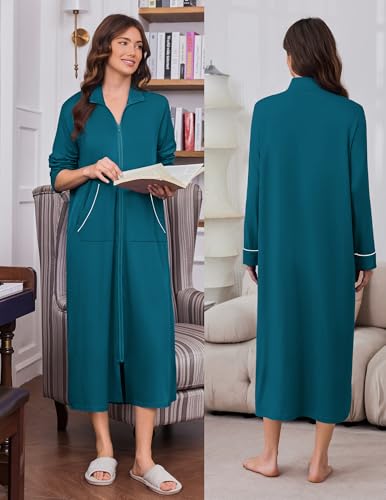 Image of Ekouaer Zipper Robes for Women Long Sleeve Lightweight House Coats with Pockets Zip Up Bathrobe Loungewear S-3XL