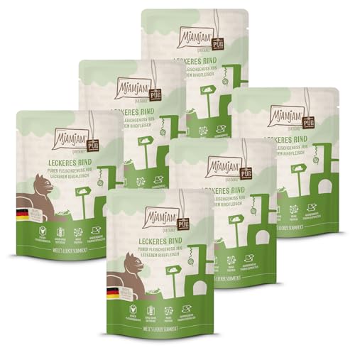 MjAMjAM - Premium Nassfutter für Katzen - Quetschie Purer Fleischgenuss - leckeres Rind pur 300g, 6er Pack (6 x 300g), naturbelassen mit extra viel Fleisch