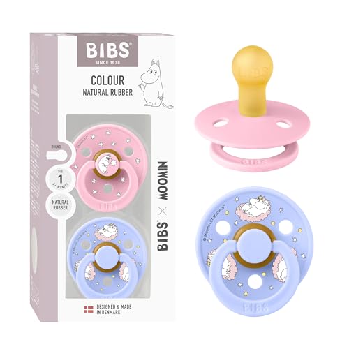 Tétine BIBS Colour Moomins. Lot de 2 sucettes. Sans bisphénol A, Téterelle ronde. Latex de caoutchouc naturel, Fabriqué au Danemark, Taille 1 (0-6 mois),...