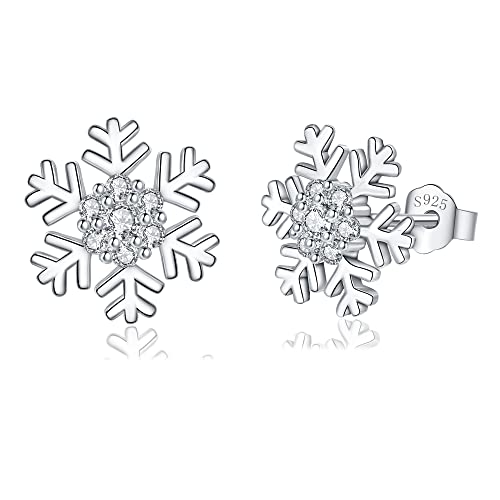 Image of Loutade Silver Christmas Stud Earrings for Women, 925 Sterling Silver Xmas Stud Earrings, 10mm Silver Xmas Snowflake Stud Earrings with Cubic Zircon, Cartilage Sleeper Earrings for Winter