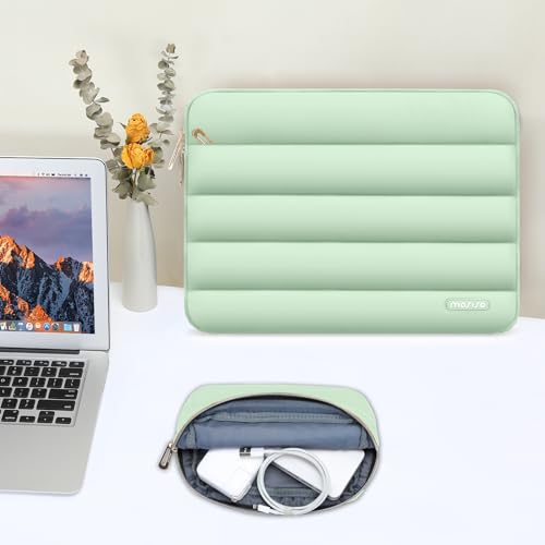 Image of MOSISO 13-14 inch Laptop Case, 13.3 inch Puffy Laptop Sleeve Compatible with MacBook Air 13 13.6 M3 M2 M1 /Pro 13 /Pro 14, HP, Dell, ASUS, Lenovo, Polyester Horizontal Bag with Small Case, Mint Green