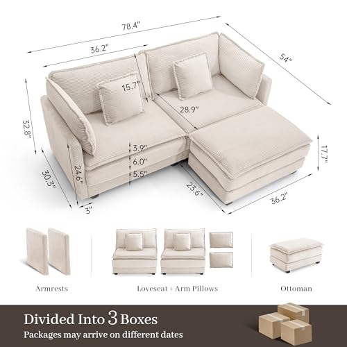 Image of 78.4 inch Corduroy Loveseat Sectional, Small L Shaped Sofa Couch with Ottoman for Apartment, Office, or Bedroom, Beige