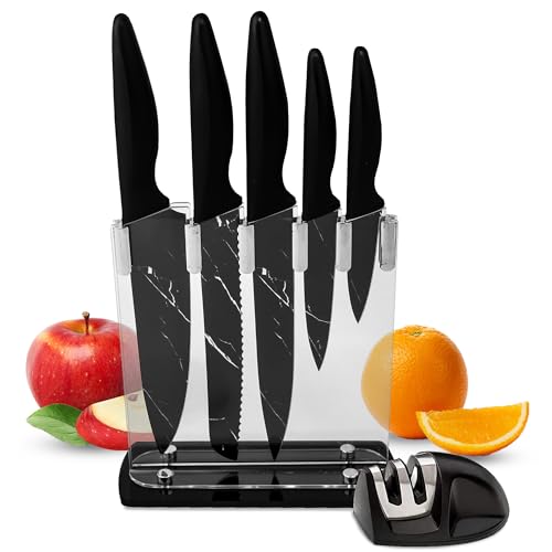 Sharpze Kitchen Knife Set with Block & Sharpener | 7-Piece Knife Block Set – Carbon Steel Kitchen Knives for Cooking