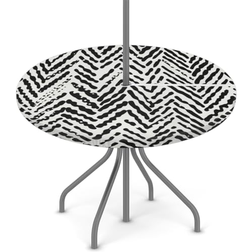 Round Outdoor Fitted Tablecloth with Umbrella Hole, Black White Stripes Elastic Table Cloth Texture Pattern Waterproof Table Cover with Zipper for Patio Picnic, 36