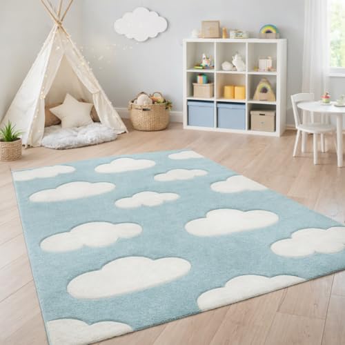 Paco Home Modern Kids Rug with Clouds in Blue Pastel