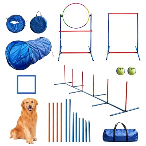 OKSTENCK Dog Agility Equipment Set 6-Piece Agility Training Set Adjustable Hurdles Pause Box Agility Poles Tunnel Jump Rings and Carry Bag.