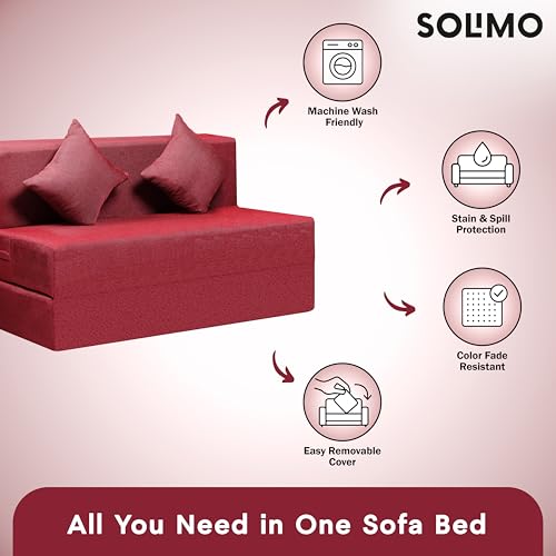 Image of Amazon Brand - Solimo 2 Seater 4 * 6 Jute Fabric Washable Cover Sofa Cum Bed with 2 Cushion 2 Seater Double Foam Fold Out Sofa Cum Bed (Finish Color - Maroon Delivery Condition - Pre-Assembled)