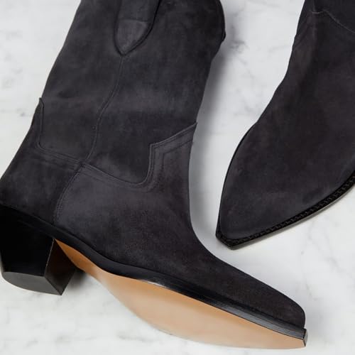 anteikira Women's Pointed Toe Fashion Pull On Mid Calf Boots Chunky Block Heel Western Boots Faux Suede Low Heel Cowgirl Boots Size 5.5-12US4