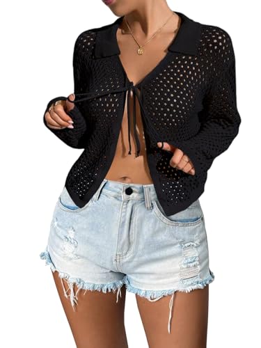 Image of Womens Tie Front Crochet Cardigan Sweaters Lightweight Hollow Out Beach Cover Up Long Sleeve Collared Summer Shrug