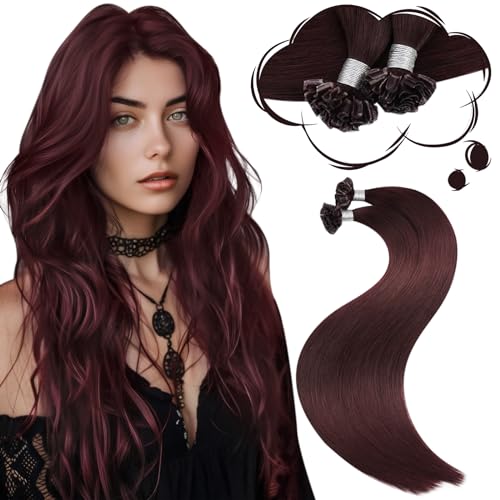 Image of Moresoo U Tip Hair Extensions Human Hair, Wine Red, 20 Inch | 50g 50 strands, hot fusion keratin tips, long straight styles, vibrant burgundy finish, date night styling