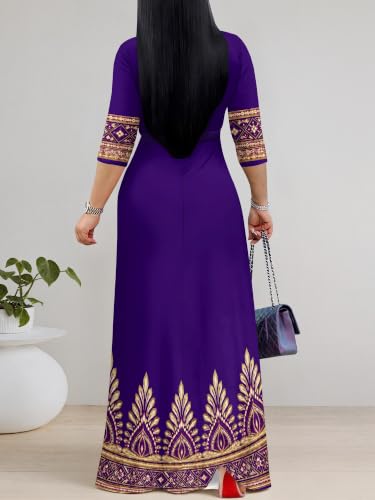 Image of PinkPatty Women's Plus Size Maxi Dresses Casual Flowy 3 /4 Sleeves Dress Printed Vacation Dress for Daily Wear with Belt