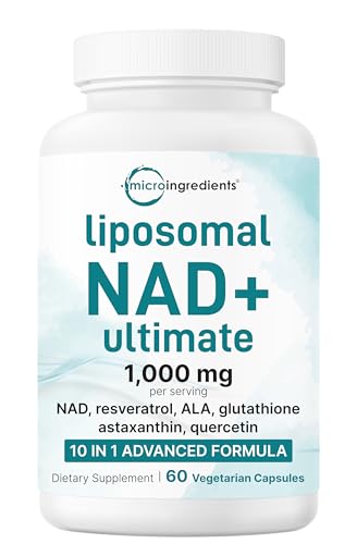 Liposomal NAD+ Ultimate 1,000mg | 60 Veggie Capsules | 10-in-1 with Resveratrol, ALA, Glutathione, Astaxanthin, & Quercetin | NAD Supplement for Women & Men | Anti-Aging, Energy, & Brain Support