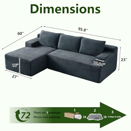 Image of 96 inch Modular Sectional Sofa, Modern Corduroy Cloud Couch, Boneless Couch Upholstered 3-Seater L-Shaped Sofa for Living Room, No Assembly Required (Dark Grey, Left-Facing Chaise)