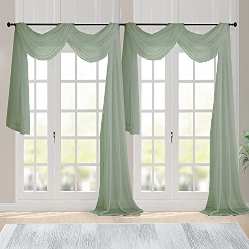 Image of Chyhomenyc Sage Green Sheer Scarf Valances for Windows 216 Inch Extra Long, Window Scarf Drapes Rod Pocket Backdrop for Wedding Arch Draping /Party /Canopy Bed /Living Room, 2PC, 18 Feet Length
