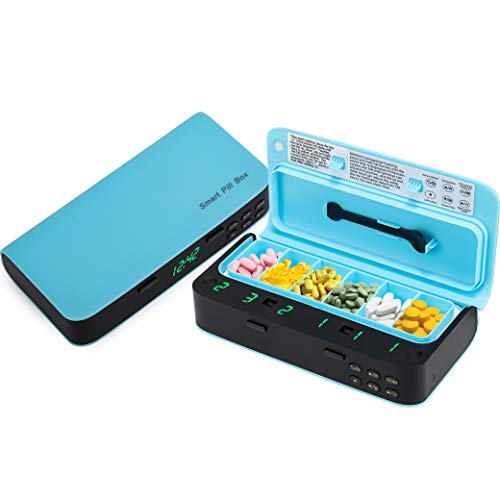 Spolehli Pill Organizer Electronic Pill Reminder Digital Pill Box 7 Alarms Per Day Button Operation, Medicine Spoon, Led Display, Smart Pill Box Potable for Travel, Aged Patient Friendly (Blue)