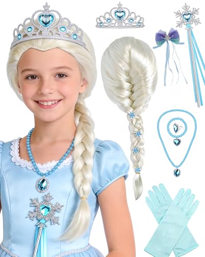 IMEYLE 14 Pcs Princess Braided Wig Long Platinum Blonde White Cosplay Wig