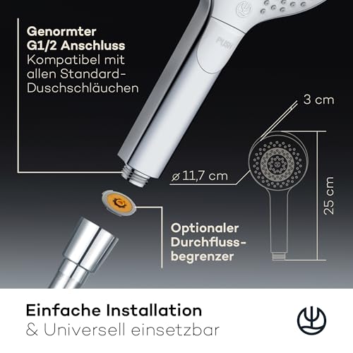 KLUDI-X3 Universal Duschkopf wassersparend als Option, Duschbrause mit 3 Strahlarten (Body, Hair, Skin), reinigungsfreundlicher Brausekopf Ø 11,7 cm, Shower Head, Chrom