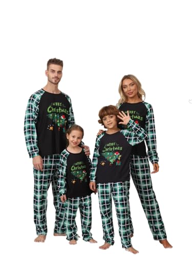 Sangdut Weihnachts Zweiteiler Schlafanzug mit gemustertem Oberteil und Karierter Hose, Weihnachten Matching Pyjama Family Set (Grünes Karomuster,...