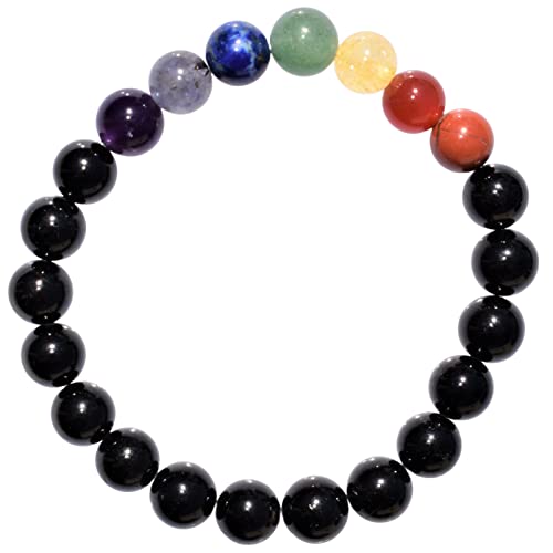 CHARGED 7 Chakra Rainbow Moonstone & Black Tourmaline Crystal Bracelet Tumble Polished Stretchy + Selenite Heart Charging Crystal (Selenite Charged) (Black Tourmaline)