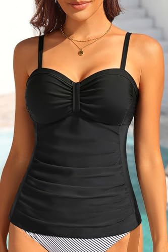 Image of Women's Underwire Tummy Control Swimsuit Top Push Up Bathing Suit Top | Unremovable Bra, Adjustable Straps, Full Lining, Shirred Bust, Side-Splicing Design, Criss-Cross Back