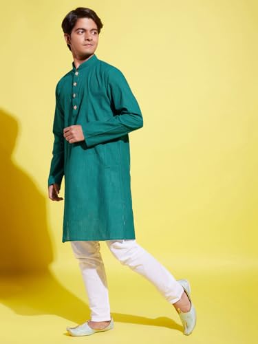 Image of VASTRAMAY boys VASTRAMAY YUVA Boys' Teal Green and White Pure Cotton Kurta Pyjama Set