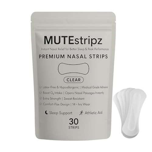 MUTEstripz ノーズストリップス いびき軽減&睡眠改善(30枚入り) ? 強力ノーズストリップス、呼吸と運動能力向上、ラテックスフリー、低刺激性、薬剤不使用でアレルギーや風邪の緩和に (クリア)