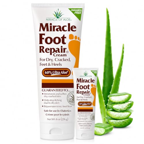 Miracle Foot Repair Cream (8 oz & 1 oz) Repairs Dry Cracked Heels and Feet 60% Pure UltraAloe Moisturizes Softens and Repairs