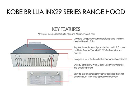KOBE Range Hoods INX2930SQBF-500-1 Built-In/Insert Range Hood, 30"