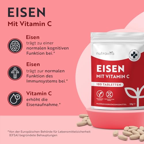 Eisentabletten mit 40 mg Eisen + Vitamin C (80mg) - 180 vegane Tabletten - Eisen Vitamin C Hochdosiert - ohne unerwünschte Zusatzstoffe - 6 Monate Vorrat - Hergestellt von Nutravita