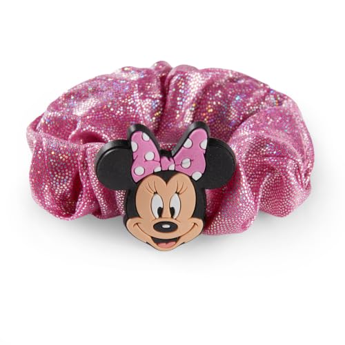 Image of Disney Minnie Mouse Scrunchies Satin No Damage Hair Ties for Girls | Officially Licensed, Smooth Satin, Sparkling Character Badge, No-Crease Hold, Gentle Stretch, Secure Fit