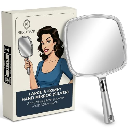 MIRRORVANA Professional Large Hand Held Mirror, 9" x 13" (Elegant Silver)