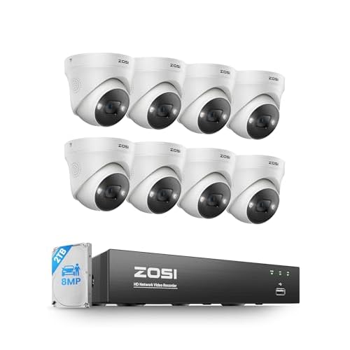 ZOSI 4K Security PoE Camera System with Person Vehicle Detection,8pcs 4K Outdoor Indoor IP Cameras,2 Way Audio,Night Vision,Sound Light Alarm,8 Ports 16CH 8MP NVR with 2TB HDD for Home 24/7 