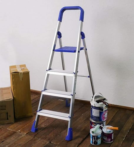 Image of Dynamo - Foldable Aluminium Step Ladder, Safety Clutch Lock, Anti Slip Steps, Knee Guard, Anti Skid PVC Shoes, 4 Steps (Aluminium, Steel, Blue)