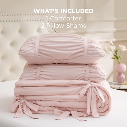 Image of Bedsure Ruched Comforter Set with Bow Trim Pink, GentleSoft 3 Pieces Bow Bedding Pink Room Decor, King Boho Bedding for Girls Teens Women, 1 Bed Comforter, 2 Pillow Shams, 104x90 Inches