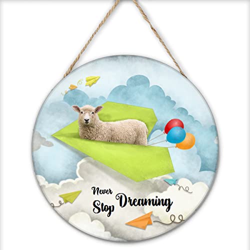 Finamille Inspirational Wall Art -Never Stop Dreaming,Sheep Shabby Chic Round Sign for Kid's Bedroom Classroom Nursery 12x12 Inches Wooden Door Hanger