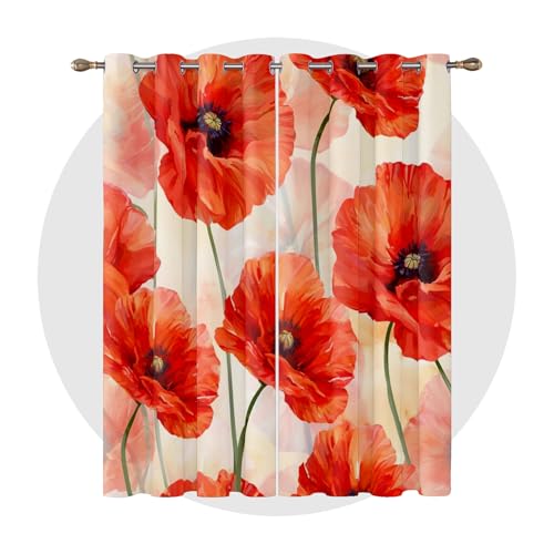 Rideau Occultant Coquelicot - Rideau Thermique Motif Botanique Floral Coquelicot Rouge, Rideaux Chambre Salon Fenetre, Lot de 2 Rideaux et Draperies...