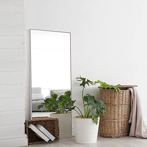 Image of NeuType 47 inchx16 inch Full Length Mirror with Standing Holder Aluminum Alloy Frame Floor Mirror Wall-Mounted Mirror for Living Room, Bedroom, Hanging or Leaning Against Wall, Silver (with Stand)