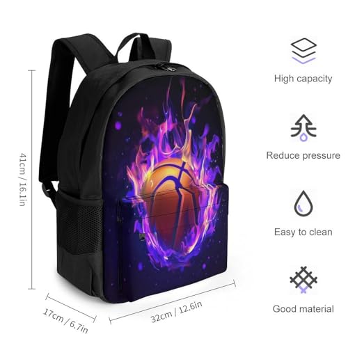 Men's Cool Purple Fire Flame Basketball Travel Backpack, Breathable Adjustable Strap Shoulder Bag for Climbing, Large Capacity Backpack with Side Pockets2