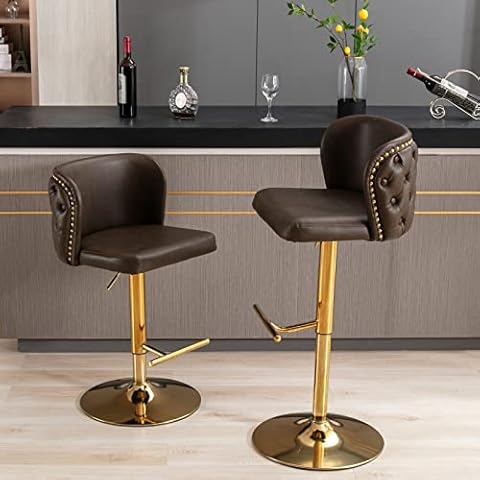 Bar Stools Set of 2, Adjustable Swivel Counter Heigh Barstools with Tufted Back and Footrest, Upholstered PU Armless Kitchen Counter Stools Bar Dining Chair for Home Bar, Kitchen Island, Brown Cover
