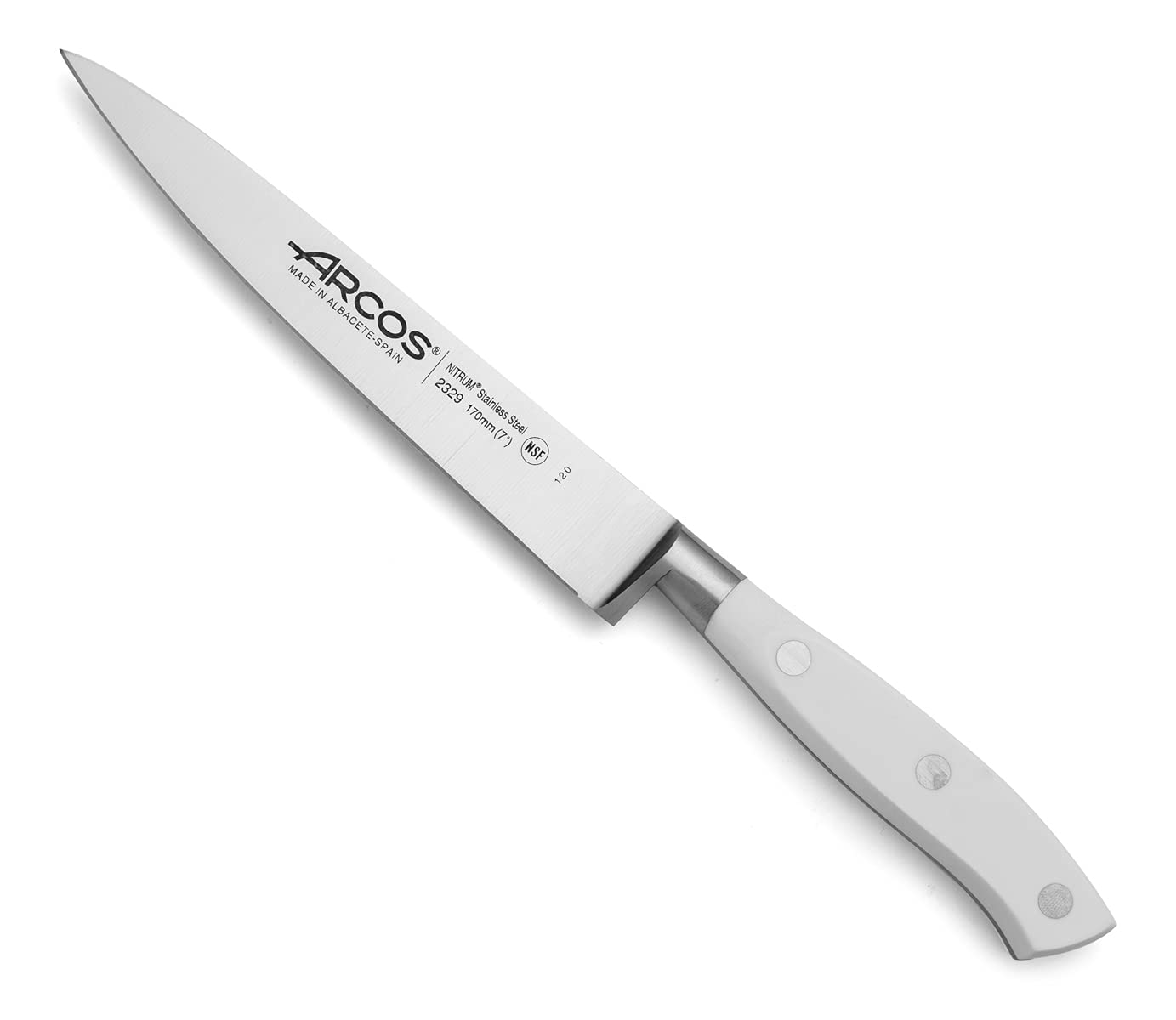 Arcos Cuchillo Sole/Cuchillo Pescado Acero Inoxidable y Hoja 170 mm. Mango ergonómico polioximetileno POM. Serie Riviera Blanc. Hoja delgada con un Borde Suave característico. Color blanco.