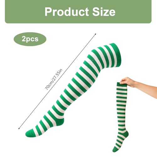LEMLIN Ringel Kniestrümpfe für Damen,Bunte Overknee Socken im Set,Karneval,Cosplay und Party Kostümzubehör,für Erdbeer-Zwerg,Gärtnerin und Fantasy Looks(Grün/Weiß)