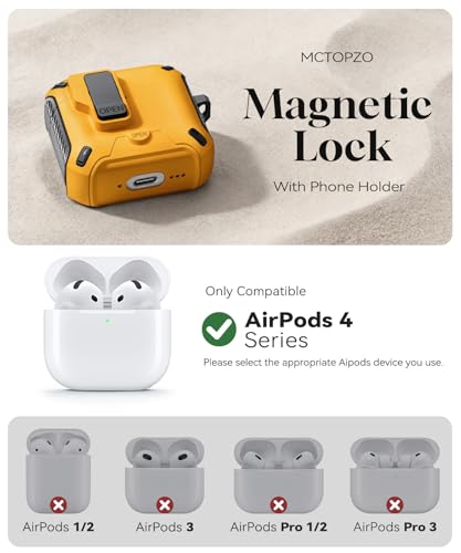 Image of for AirPods 4 Case with Lock (Yellow) | Compatible with MagSafe,with Phone Stand,with Automatic Snap Switch Carbon Fiber Design Protection Cover with Cleaning Pen