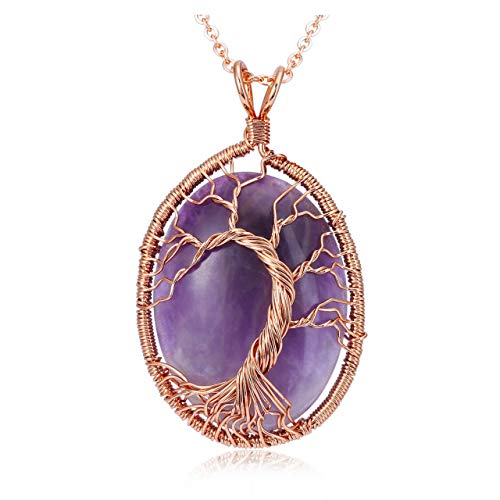 Top Plaza Healing Crystal Amethyst Oval Gemstone Pendant Necklace Tree of Life Copper Wire Wrapped Stone Necklaces Reiki Quartz Jewelry for Womens