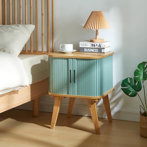 [en.casa] Mesa Auxiliar Tysvær Mesilla de Noche con 1 Compartimento Cerrado con Puertas Correderas para Salón Dormitorio Oficina Bambú 58 x 45 x 45 cm - Natural/Azul
