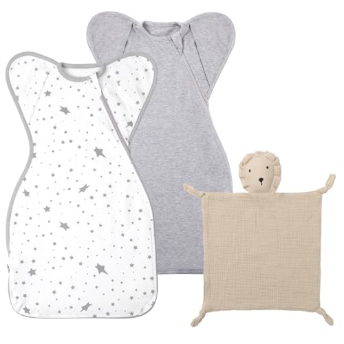Image of Knirose Swaddle Blanket Sleep Sack with Arms Up Design 2 Packs 0-3 Months, Organic Cotton Lion Loveys Soft & Breathable Newborn Security Blanket