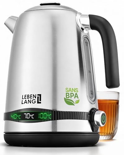 LEBENLANG Bouilloire electriqueen acier inoxydable Réglage de la température - 1,7 litre & 2200W Silencieux indicateur de température & fonction maintien au chaud | Rétro sans plastique